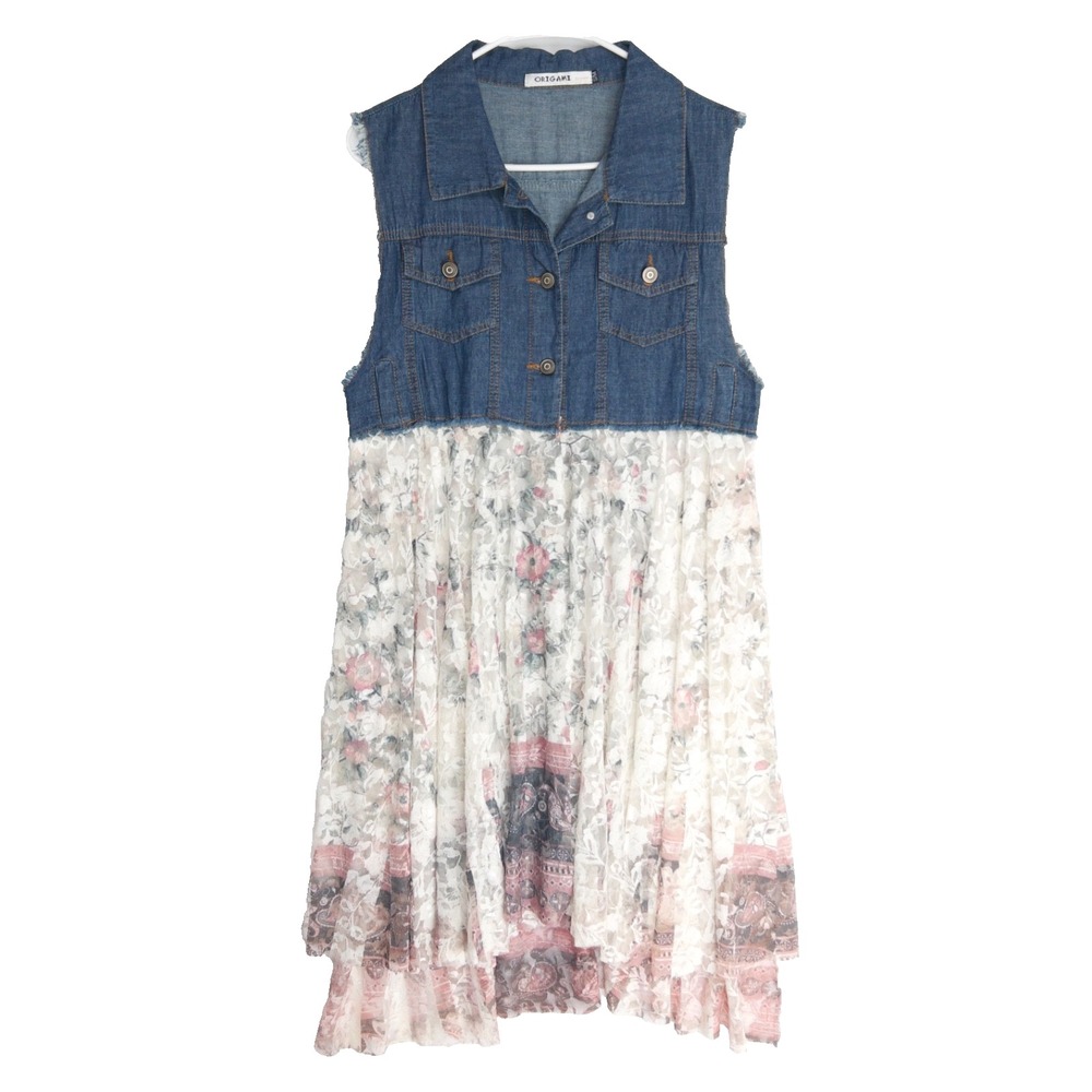 Origami Denim Vest Lace Duster Jacket Overlay Sleeveless Womens S M $90